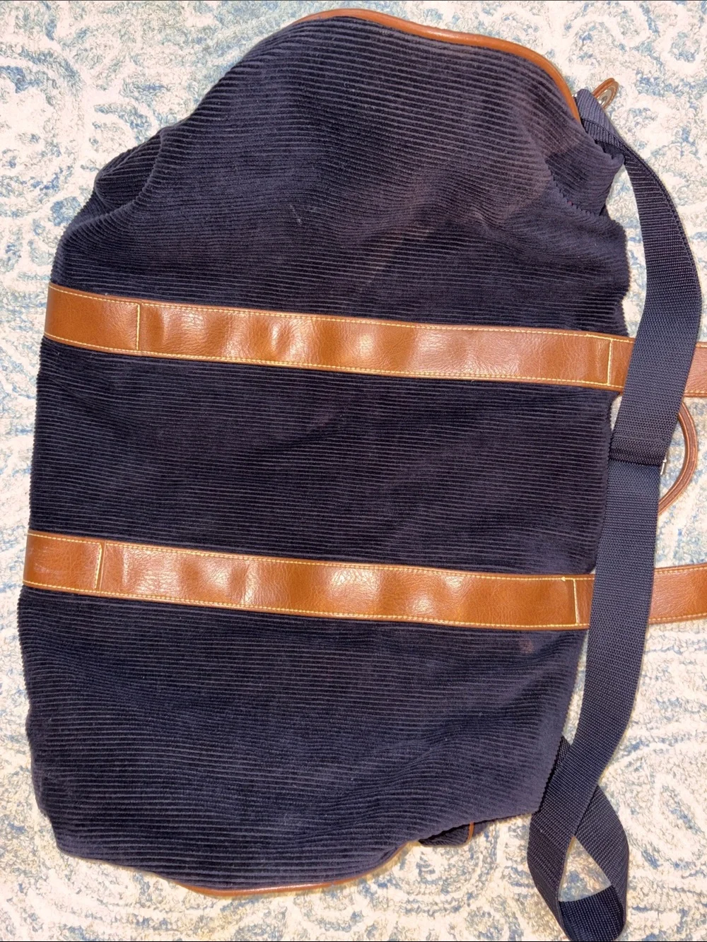 Nautica Navy Corduroy Duffel with Brown Trim and Strap